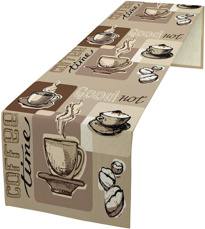 Coffee Table Runner,Vintage Style Coffee Cup Bean Abstract Theme Pattern Print Tablecloth Burlap for Hotel Indoors Outdoor Dining Room Kitchen Table Decor, 13x70in