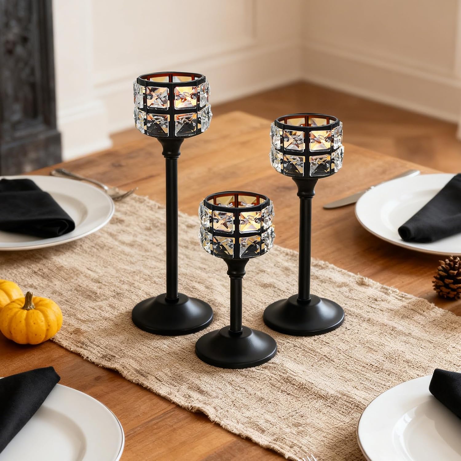 Crystal Metal Candle Holder, Square Crystal Beads Bling Tea Light Candlestick, Tall Votive Candelabra Elegant Centerpiece for Table Wedding Decoration, Home Decor (Black, Set of 3)