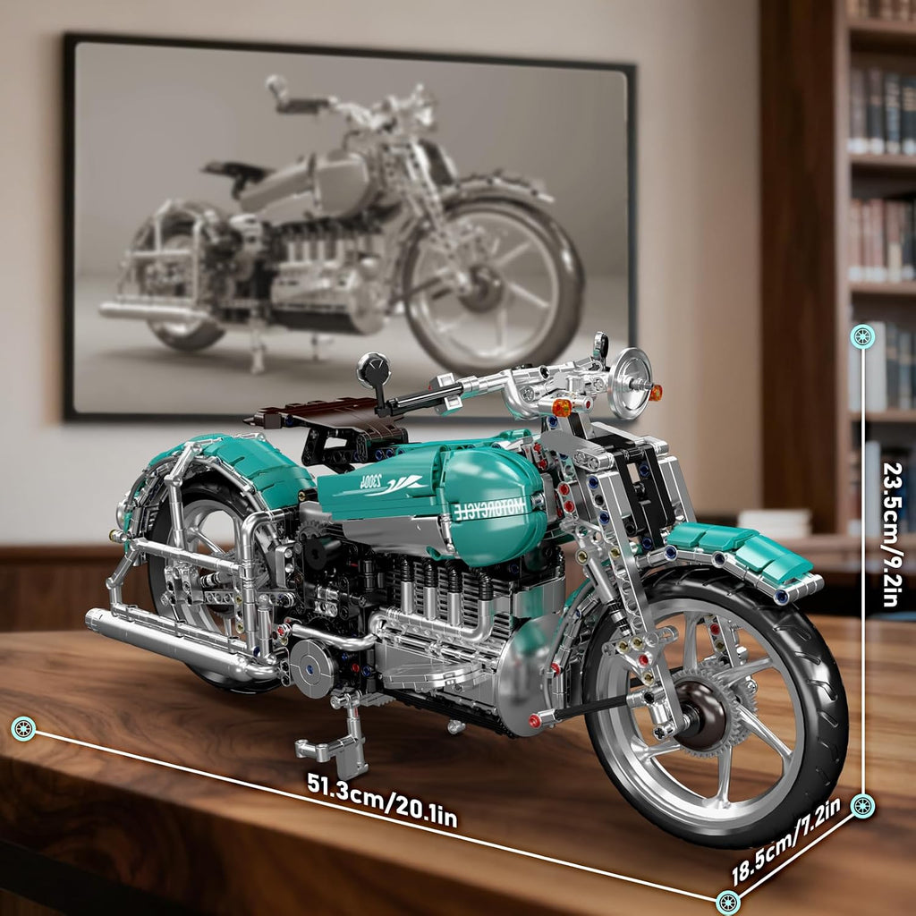 mould king 23004 american cruiser motorcycle building set on a desk or shelf