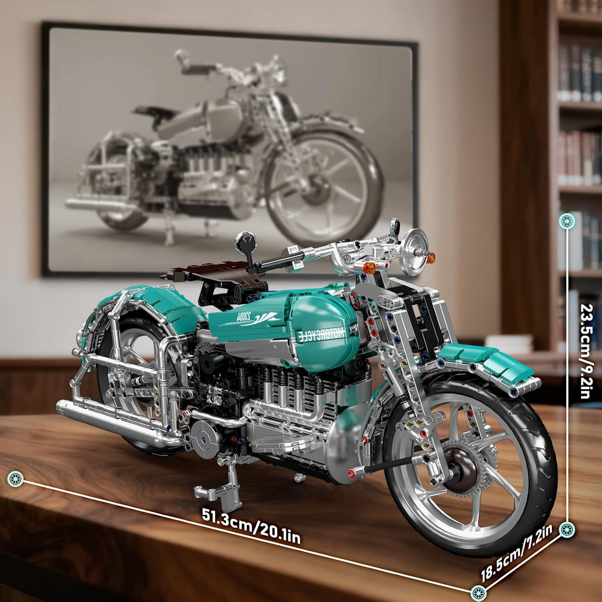 mould king 23004 american cruiser motorcycle building set on a desk or shelf