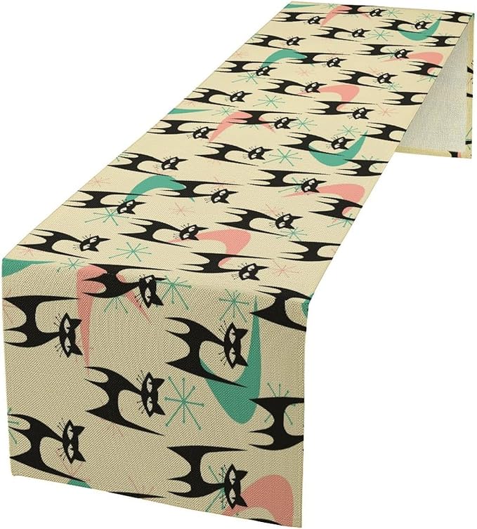 Mid Century Table Runner,Cat Geometric Stripe Colorful Abstract Pattern Print Tablecloth Burlap for Hotel Indoors Outdoor Dining Room Kitchen Holiday Party, 13x60in