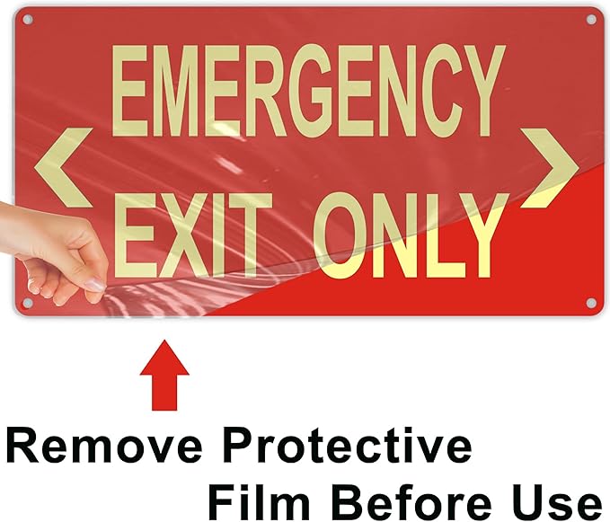 (2Pack) Photoluminescent Emergency Exit Sign Red, Glow In The Dark Aluminum Exit Sign - Adhesive Backing - 4pcs Removable Arrows Included - 14.25 x 7.5 Inches - Non Electrical Exit