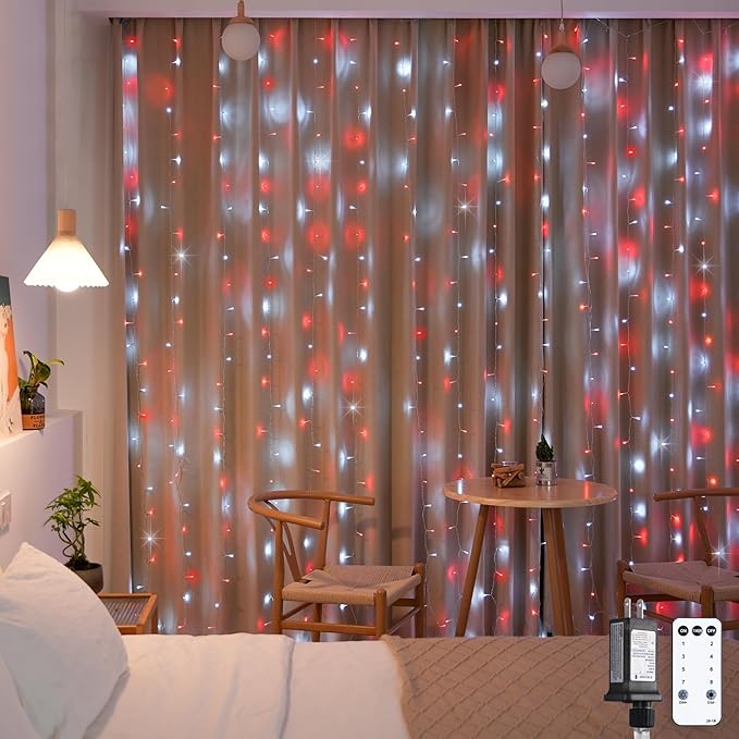 JMEXSUSS 300LED Red and White Christmas Curtain Lights with Remote, 9.8x9.8ft Christmas String Lights Plug in, 8 Modes Twinkle Hanging Fairy Lights for Bedroom Window Wall Porch Indoor Outdoor Decor