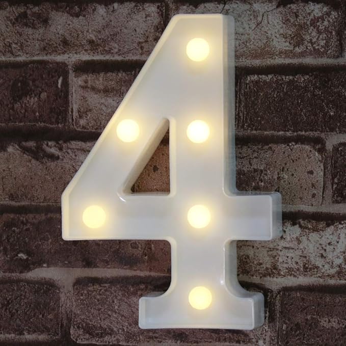 Decorative Led Light Up Number Letters, White Plastic Marquee Number Lights Sign Party Wedding Decor Battery Operated Number (4)