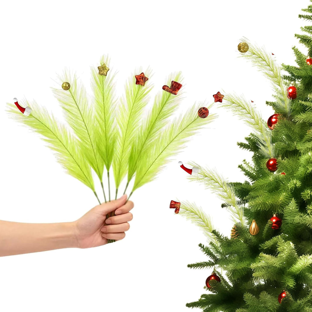 15.7 Inch Christmas Tree Topper with 12 Pcs Green & Red Picks - Fluffy Pampas Grass Xmas Decor for Tree, Vase Fillers, Holiday Party & Home Decorations
