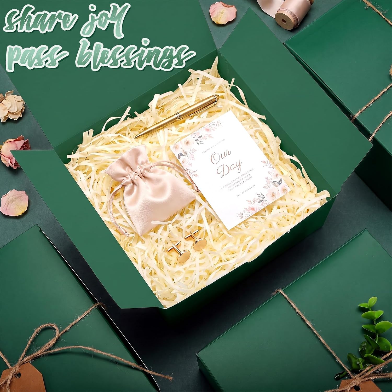 Crtiin 8 Pack Gift Boxes with Lids, 8x8x4 Inch Forest Green Bridesmaid Proposal Gift Box with Shredded Paper, Twine, Tags & Eucalyptus Leaves for Presents, Wedding, Birthday, Christmas, Baby Shower