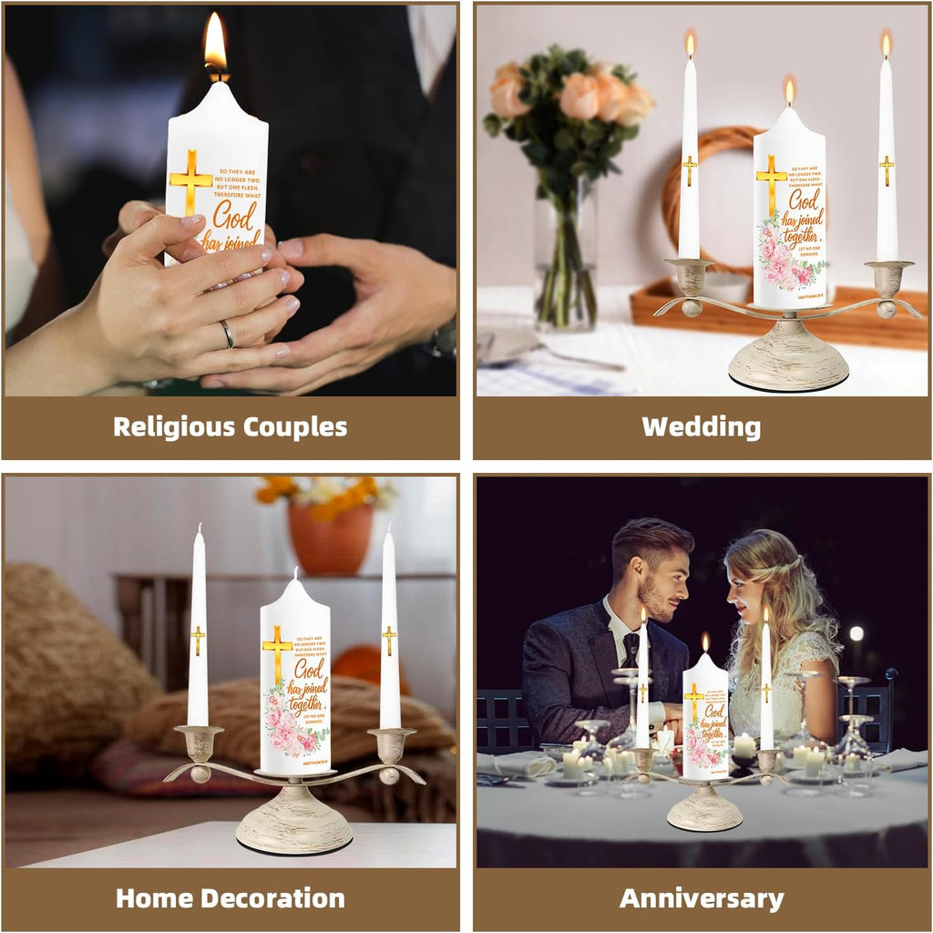 LakWilows Unity Wedding Candle Set with Distressed White & Gold Metal Holder, 3 Piece Wedding Ceremony Candles (8.27" Pillar + 2 Tapers), Cross & Matthew 19:6 Scripture, Catholic Gift for Couple