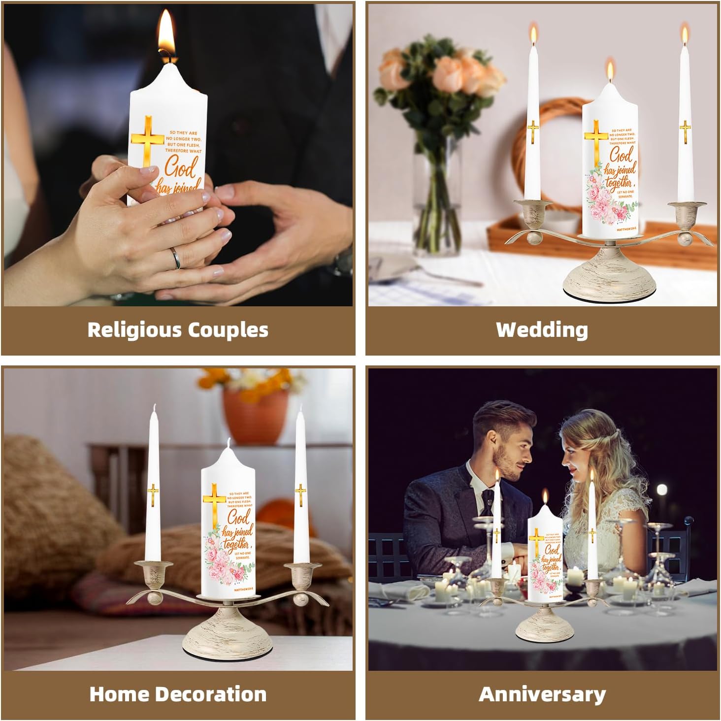 LakWilows Unity Wedding Candle Set with Distressed White & Gold Metal Holder, 3 Piece Wedding Ceremony Candles (8.27" Pillar + 2 Tapers), Cross & Matthew 19:6 Scripture, Catholic Gift for Couple