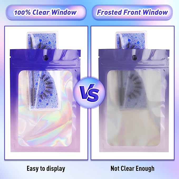 Funfery 100 Pack Holographic Bags,Mylar Resealable Bags with Zipper,Clear Window Packaging Pouch,Foil Bag for Food Storage,Sample Jewelry Baggies(3.1×5.1in,Purple Pink)
