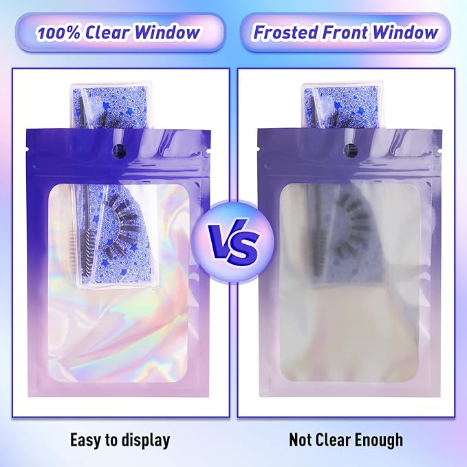 Funfery 100 Pack Gradient Holographic Bags,Mylar Resealable Bag with Zipper,Clear Window Packaging Pouch,Smell Proof Foil Bags for Food Storage,Sample Jewelry Baggies(2.7×3.9in,Purple Pink)