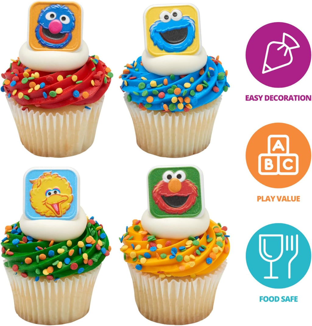 Sesame Street Rings, 24 Cupcake Toppers Featuring Elmo, Big Bird, Cookie Monster, Grover, Bright Colorful Cupcake Decorations, Food Safe - 24 Pack