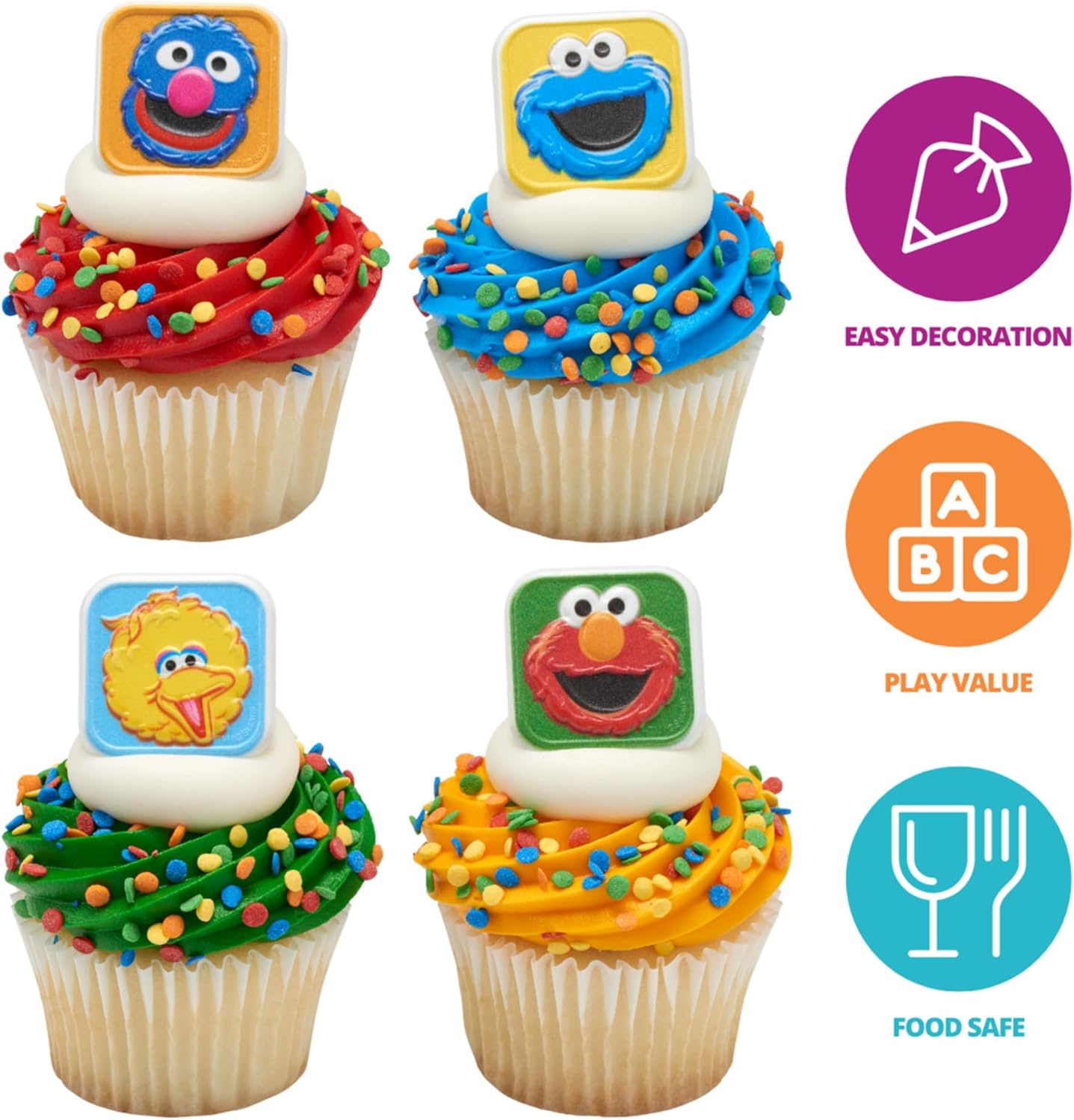 Sesame Street Rings, 24 Cupcake Toppers Featuring Elmo, Big Bird, Cookie Monster, Grover, Bright Colorful Cupcake Decorations, Food Safe - 24 Pack