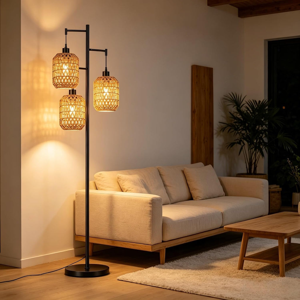 qiyizm floor lamp for living room,bedroom,boho rattan tree, front angle view