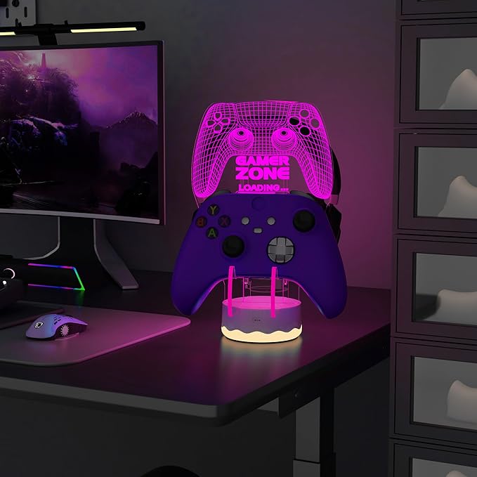 Light up Headset and Controller Stand, 16 Colors 3D LED Lights Gamepad Headphone Holder with Remote Control, Game Controller Hanger for All Universal Gaming PC Accessories