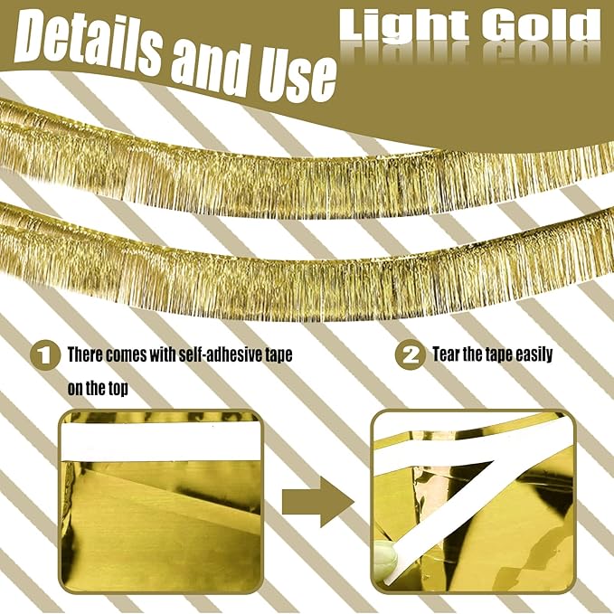 6 Pack 10 Feet Foil Fringe Garland Metallic Tinsel Streamers Banner Wall Hanging Curtain Backdrop Banner for Parade Floats, Thanksgiving, Christmas, Birthday, Halloween Party Decorations(Light Gold)