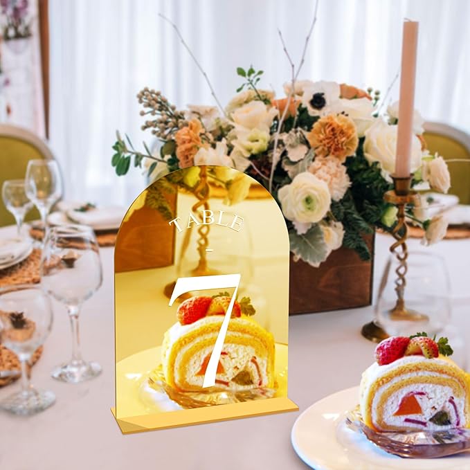 JOYIT Arch Wedding Table Numbers 1-20 with Stands – 5" X 7" Acrylic Mirrored Gold Table Number Holders, Perfect for Wedding Receptions, Parties, Anniversaries, and Events