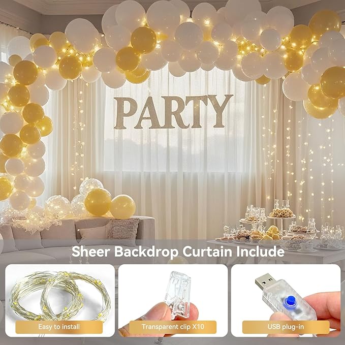 10×10ft Tulle Backdrop Curtains with Lights String - 300LED Fairy Lights Sheer Curtain Backdrop for Weddings Baby Shower and Birthday Party Decorations(6 Panels 5×10ft)
