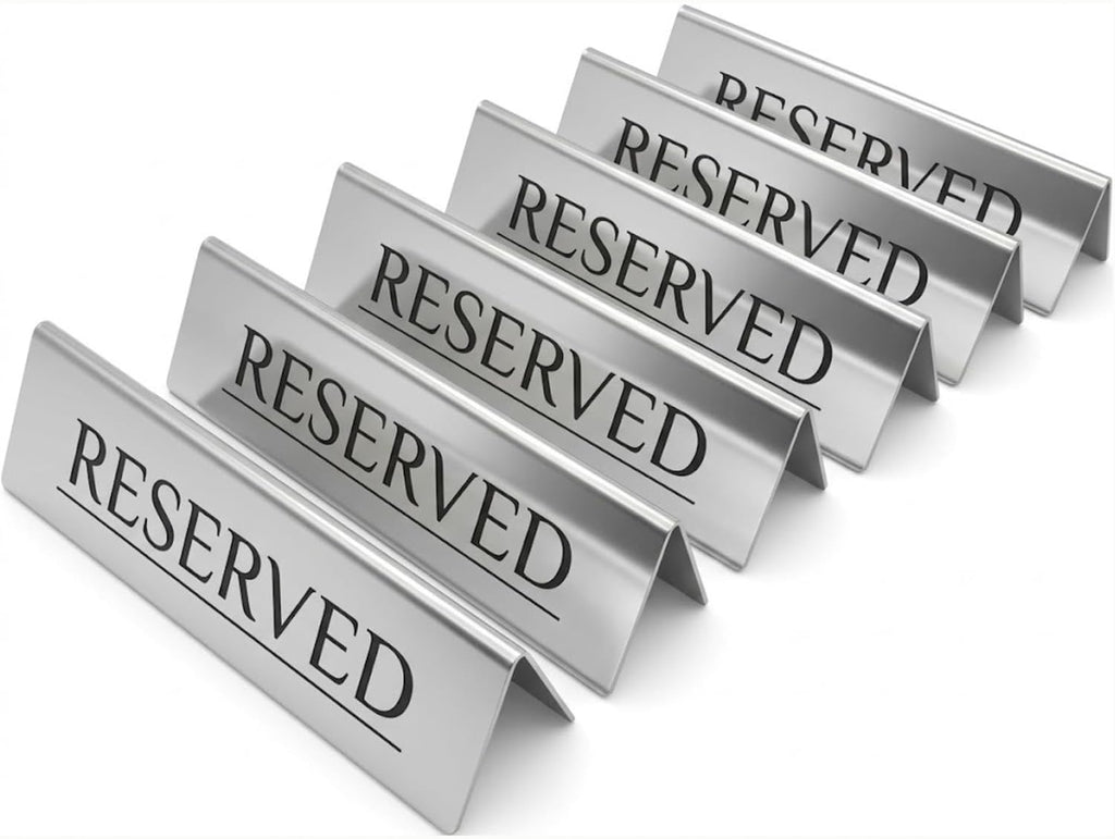 Reserved Table Signs Set of 6 | Raised Black Letters, Brushed Stainless Steel, Reusable Double-Sided | Reserved Seating Signs for Weddings, Restaurants, Church Pews, Events | 6×1.6 in