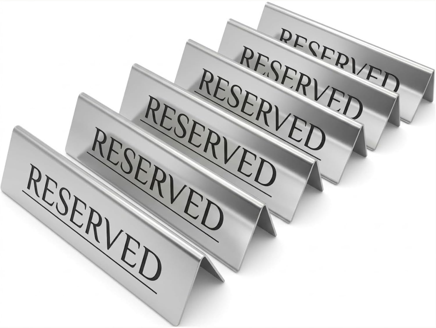 Reserved Table Signs Set of 6 | Raised Black Letters, Brushed Stainless Steel, Reusable Double-Sided | Reserved Seating Signs for Weddings, Restaurants, Church Pews, Events | 6×1.6 in