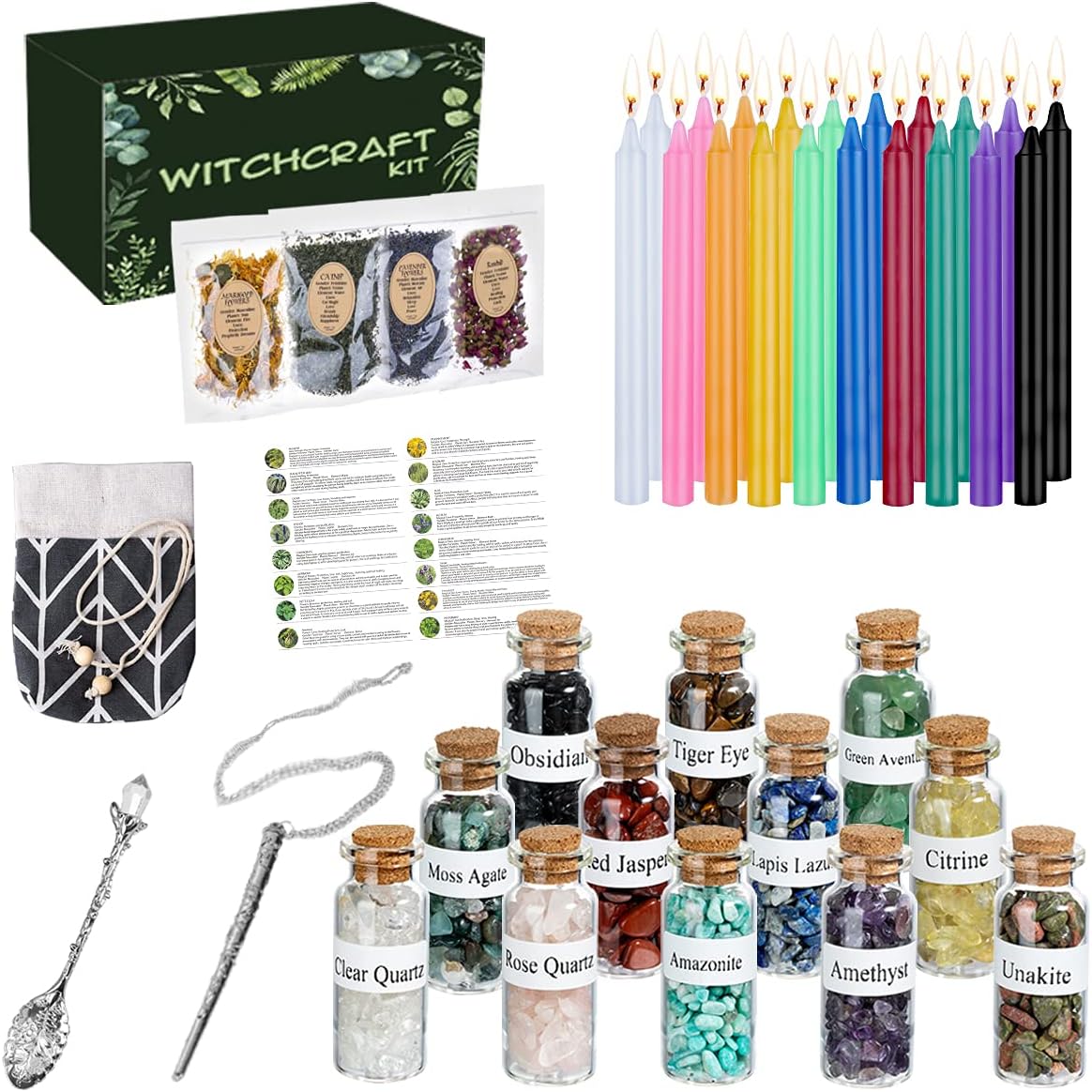KINGBOCH Witchcraft Supplies Box for Wiccan Spells, 61PCS Witchcraft Starter Kit, Spell Candles&Crystals&Dried Herbs& Magic Wand Necklace, Versatile Tools Gifts for Beginner Experienced