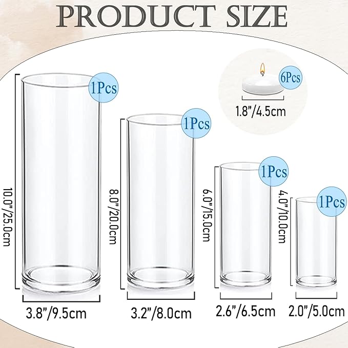 UDU 4 Pack Glass Cylinder Vases for Centerpiece, Clear Flower Vase Hurricane Floating Candle Holder for Centerpiece Table Wedding Home Decor