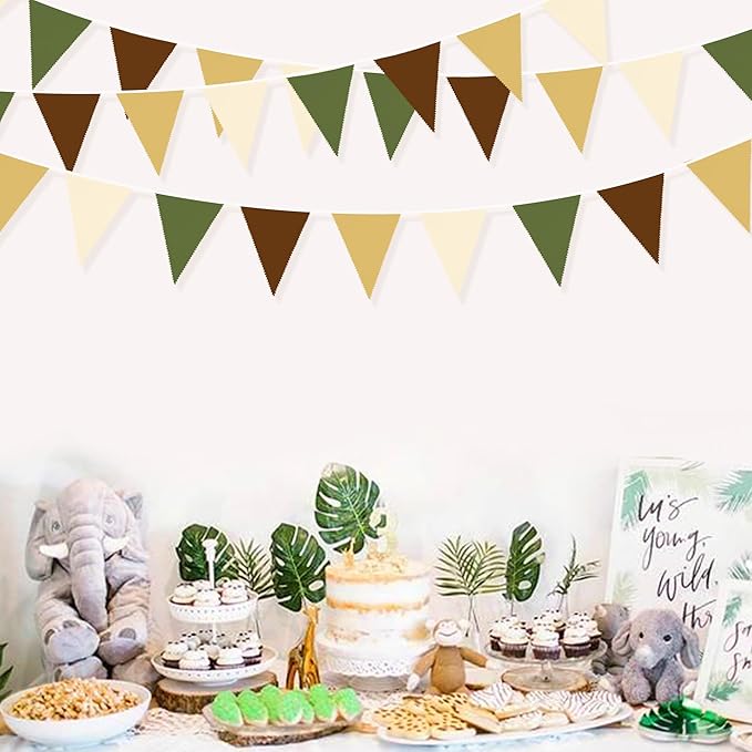 32Ft Woodland Party Decorations Olive Green Tan Brown Cream Neutral Triangle Flag Fabric Banner Pennant Bunting Garland Streamers for Birthday Wedding Baby Shower Jungle Safari Camping Party Decor