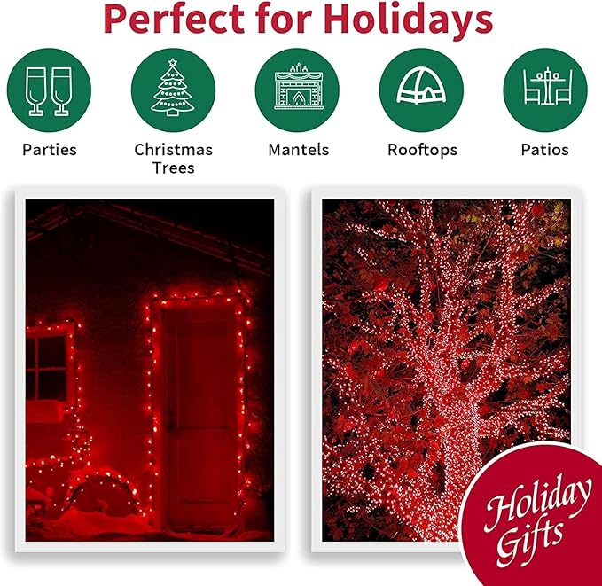 LAMPHOME 66ft Christmas Decorative Mini Lights,200 LED Transparent Wire Fairy Starry String Lights Plug in, 11 Lighting Modes, for Indoor Outdoor Xmas Tree Wedding Party Decoration (Red)