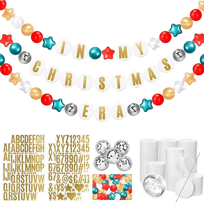 Giant Friendship Bracelet Garland Kit, DIY Birthday Banner with Letters Ball Jumbo Customizable Friendship Bracelet Decor for Halloween Christmas Wedding Party(Red, Green, White)