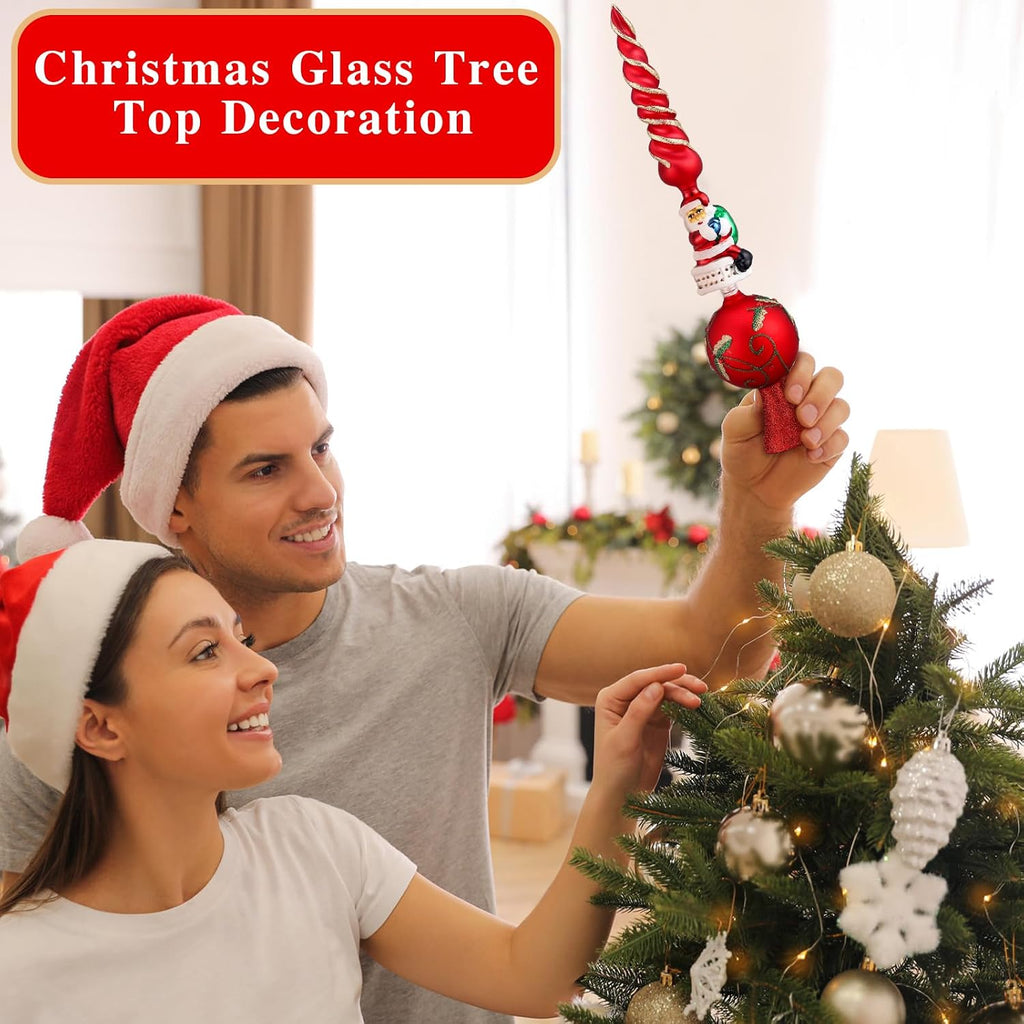 Sosation Glass Santa Claus Design Treetop 3 Tier Retro Glass Finial Tree Topper Vintage Spherical Christmas Tree Toppers Ornaments with Carved Pattern Unique Xmas Treetopper for Home Decoration, 13''