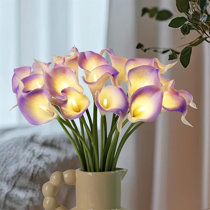 20pcs Artificial Calla Lily Bouquet Lamp Faux Floarl Night Light Real Touch Flower Night Lamp LED Calla Lily Lighted Artificial Flower for Her Gifts Home Kitchen Decor(Light Purple)