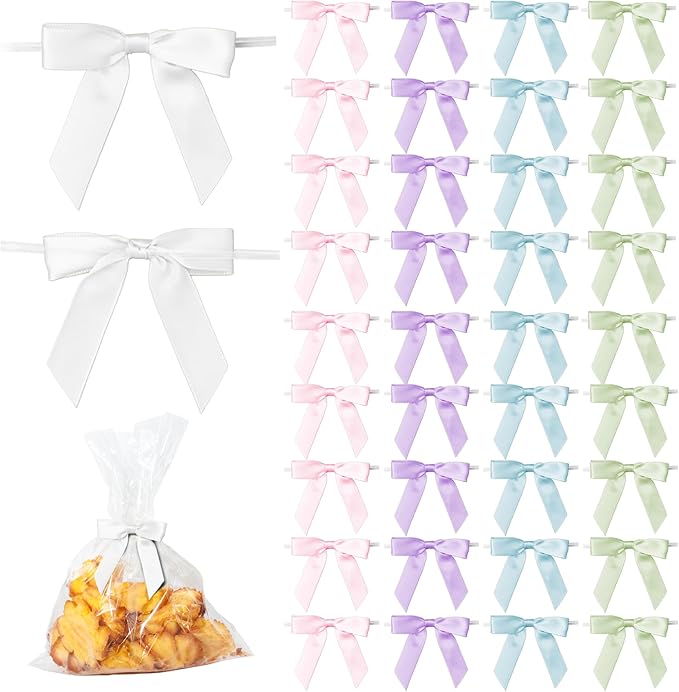 50Pcs Mix 5 Colors Twist Tie Bows for Gift Wrapping 2.5" Satin Ribbon Bow for Treat Bags Cake Balloons Birthday Party Favors Wedding Decorations - Light