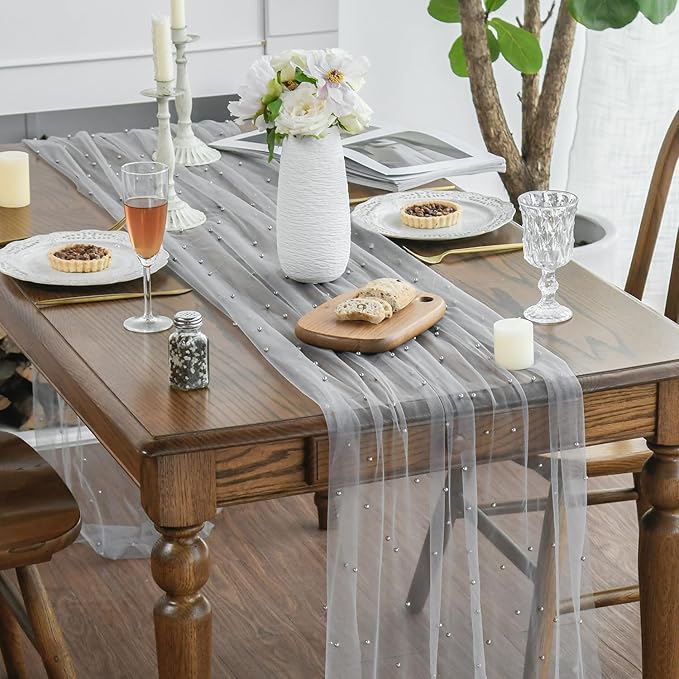 Artoid Mode Pearl Grey Gauze Table Runner 59x120 Inch , Seasonal Sheer Kitchen Dining Holiday Wedding Birthday Baby Shower Table Decor for Home Party