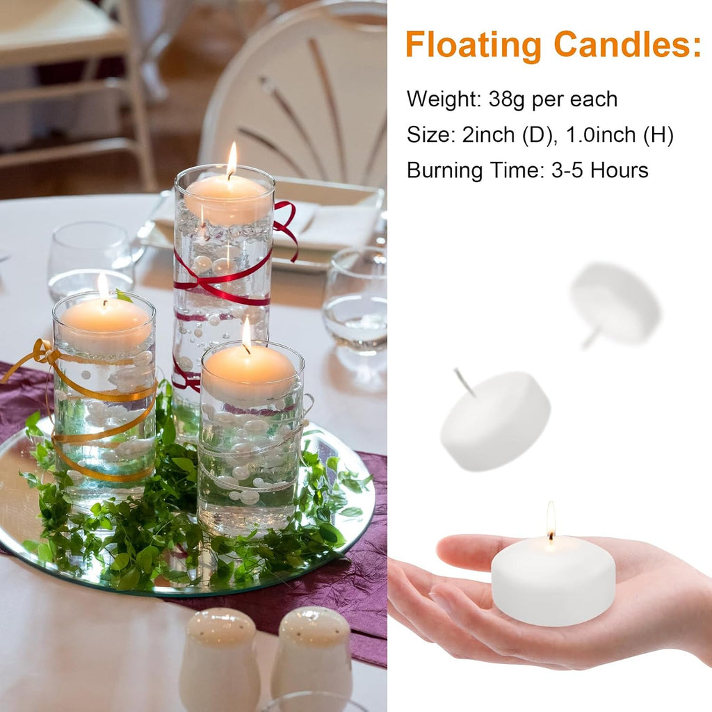 White Floating Candles 2 Inch 12 Pack, 5-6 Hours Long Burning Unscented Dripless Smokeless for Wedding Centerpieces, Party, Pool, Spa, Christmas, Home Decor