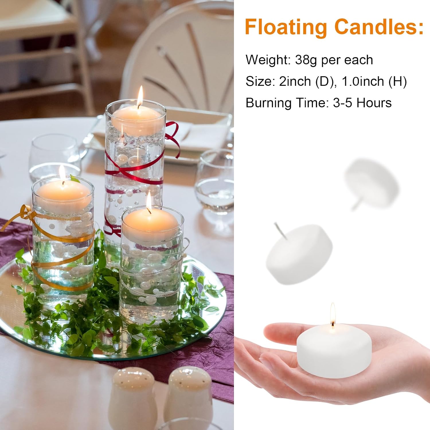 White Floating Candles 2 Inch 12 Pack, 5-6 Hours Long Burning Unscented Dripless Smokeless for Wedding Centerpieces, Party, Pool, Spa, Christmas, Home Decor