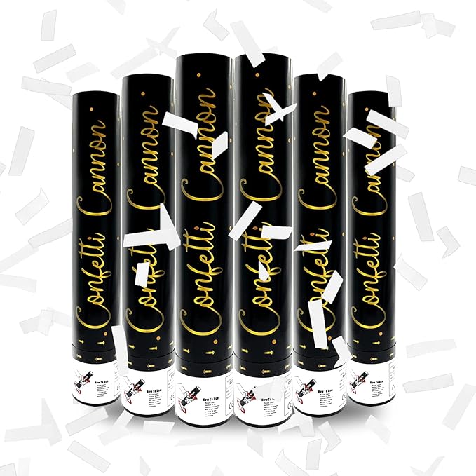 6 Pack White Confetti Poppers, 12 Inch Confetti Cannon Party Poppers Shooters for Gender Reveal, Birthday, Wedding, Graduation, Anniversary, Parties, Christmas, New Year's Eve