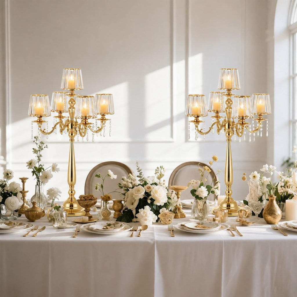 5 Arms Crystal Gold Candelabra Centerpiece | 33 Inch Tall Candle Holder with Glass Shade,Table Decor for Wedding Anniversary Dinner Party Home Gift