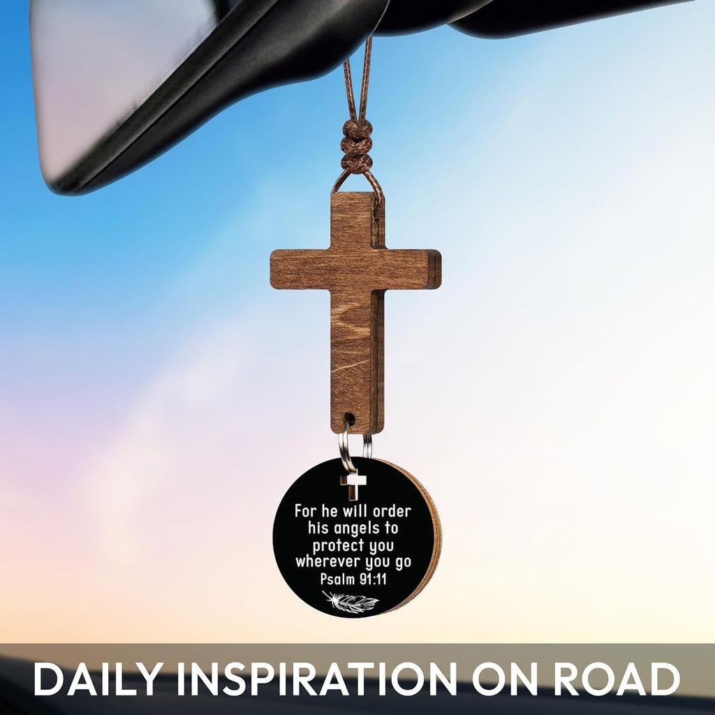Christian Gifts for Men, Daily Bible Verse Cross for Car Mirror Hanging | Scan with Your Smartphone for a Daily Scripture, Wooden, 2,7"x1,2", Handmade, Durable