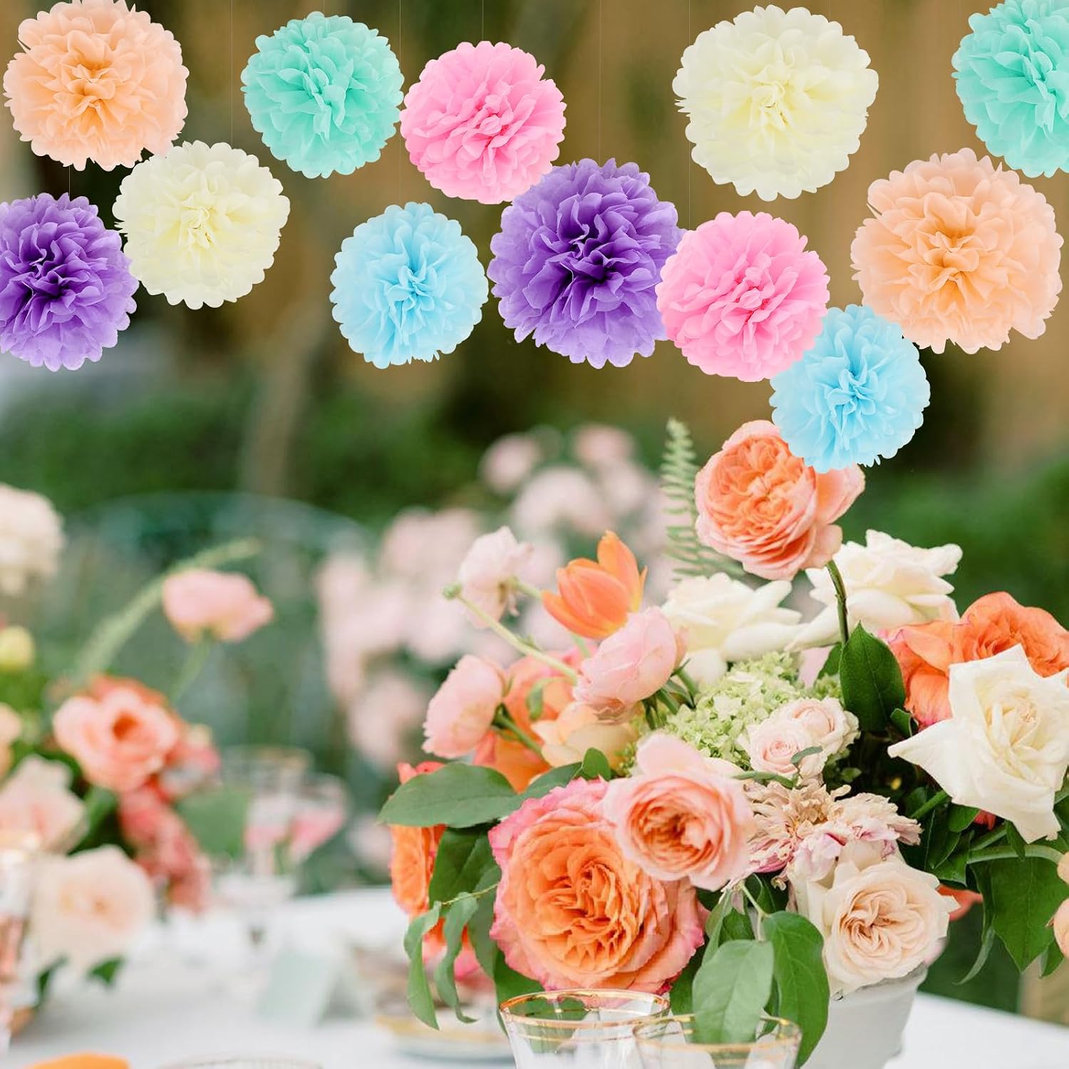 BestoFun 16Pcs Pastel Party Decorations - Pom Poms, Paper Flowers for Wedding, Birthday, Engagement Receptions, Bridal Shower