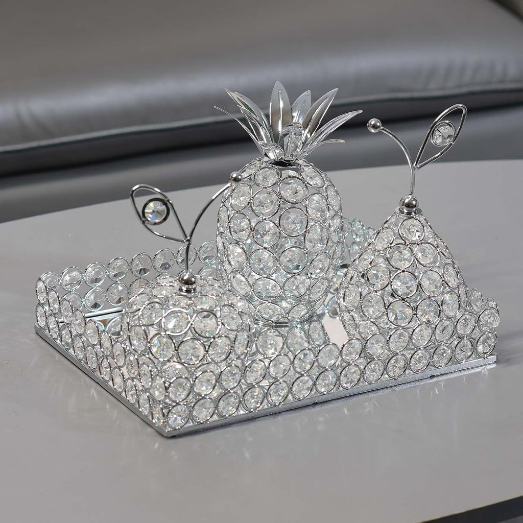 Elegant Decorative Trays & Crystal Fruit 4-Piece Set, Crystal Tea Light Holder - Wedding Centerpieces for Holidays, Home Table Decorations, Fruit Displays and Candle Holders (Silver, Set of Four)