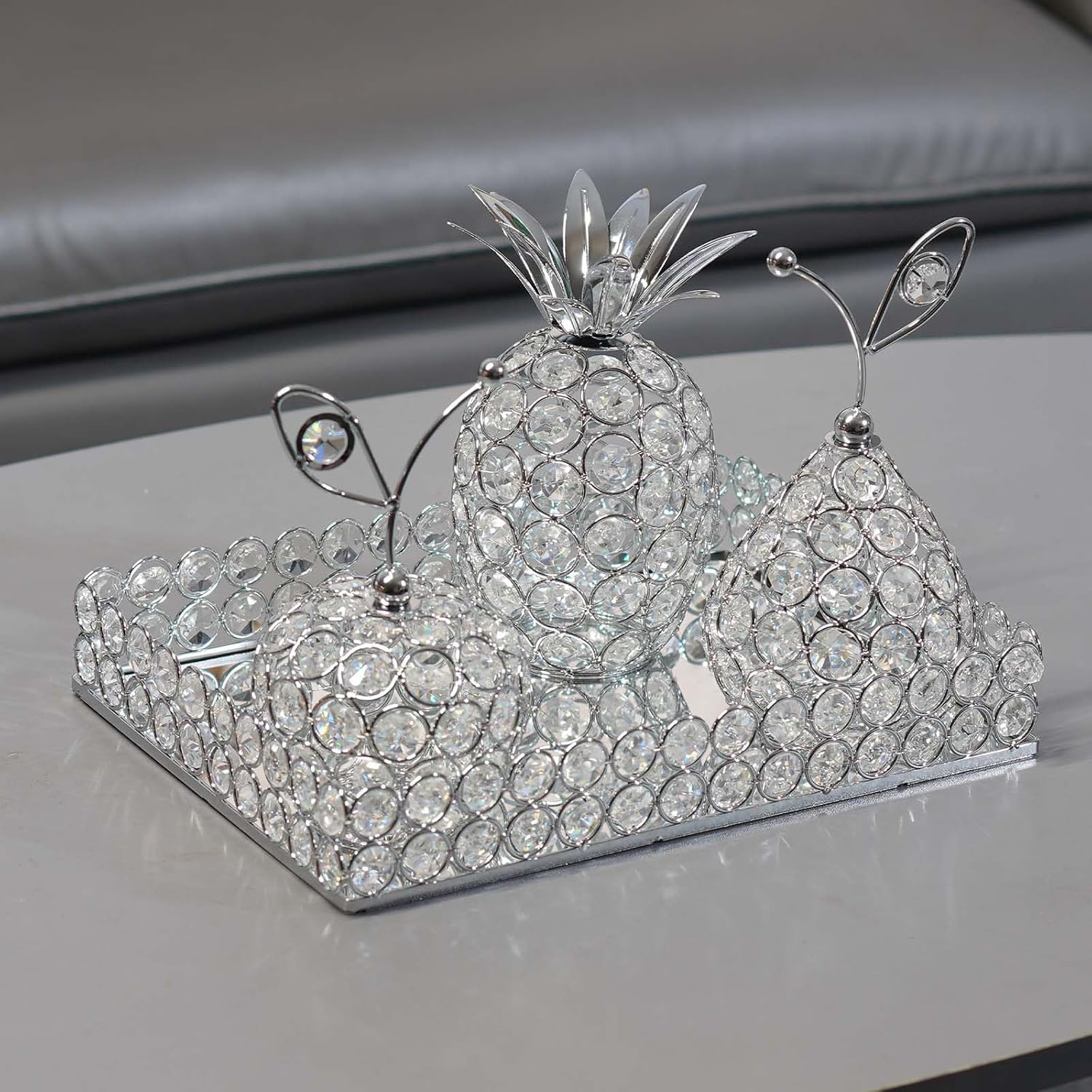 Elegant Decorative Trays & Crystal Fruit 4-Piece Set, Crystal Tea Light Holder - Wedding Centerpieces for Holidays, Home Table Decorations, Fruit Displays and Candle Holders (Silver, Set of Four)