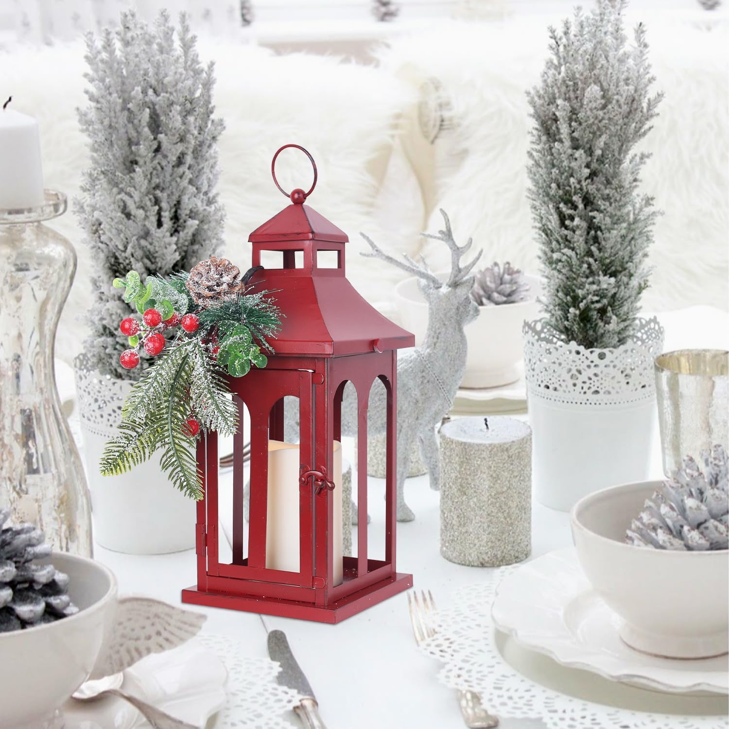 Christmas Decorations for Home, Decorative Christmas Lantern Indoor Outdoor Decor, Metal Hanging Candle Holder with Xmas Teardrop Wreath and LED Candle for Table Centerpieces, Patio (Red)