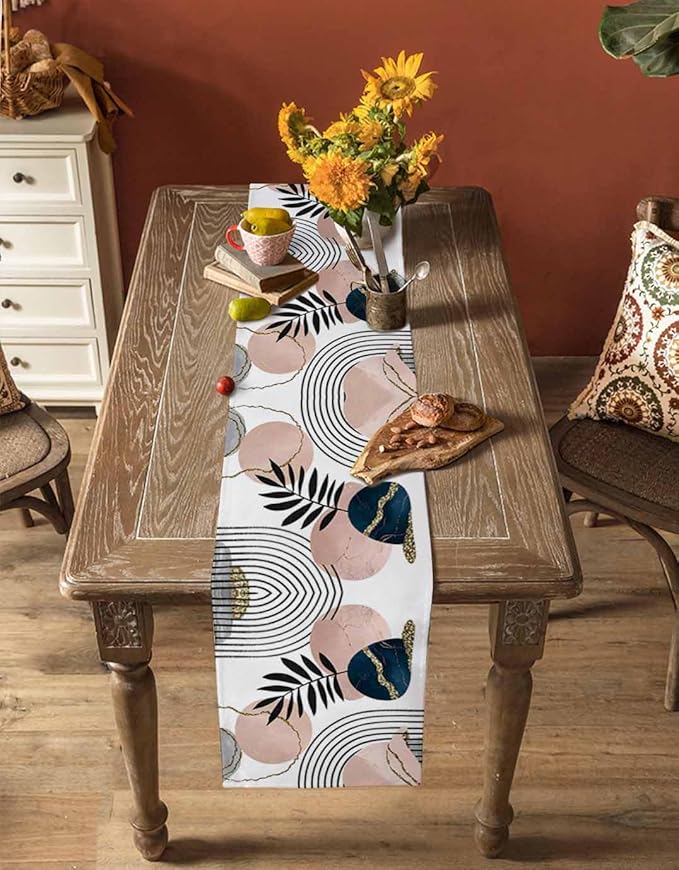 Modern Boho Cotton Linen Table Runner for Dining Kitchen, Wedding Outdoor Party Tablerunners Decoration, Abstract Bohemian Tropical Palm Leaf Dresser Scarf Coffee Tablecloth Runners 13x90 Inches