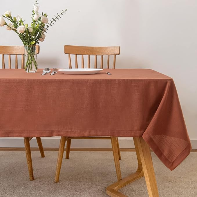 maxmill Lux Faux Linen Tablecloth with Slubby Yarn Textured Weaves Wrinkle Free Soft Table Cloth for Kitchen Dining Tabletop for Fall Harvest Thanksgiving Decorations Rectangle 60 x 84 Inch Rust