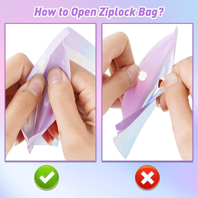 Funfery 100 Pack Gradient Holographic Bags,Mylar Resealable Bags with Zipper,Clear Window Packaging Pouch,Smell Proof Bag for Food Storage,Sample Jewelry Baggies(3.5×4.7in,Purple Blue)