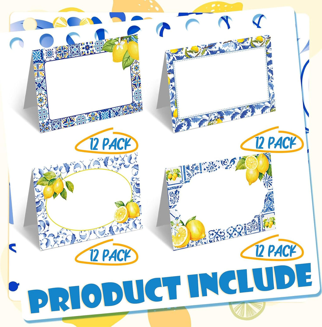 Jetec 48 Pcs Capri Lemon Place Cards Yellow and Blue Tile Table Name Cards Tent Placard Buffet Food Label for Table Setting Birthday Bridal Shower Italy Yellow Lemon and Amalfi Coast Party Decoration