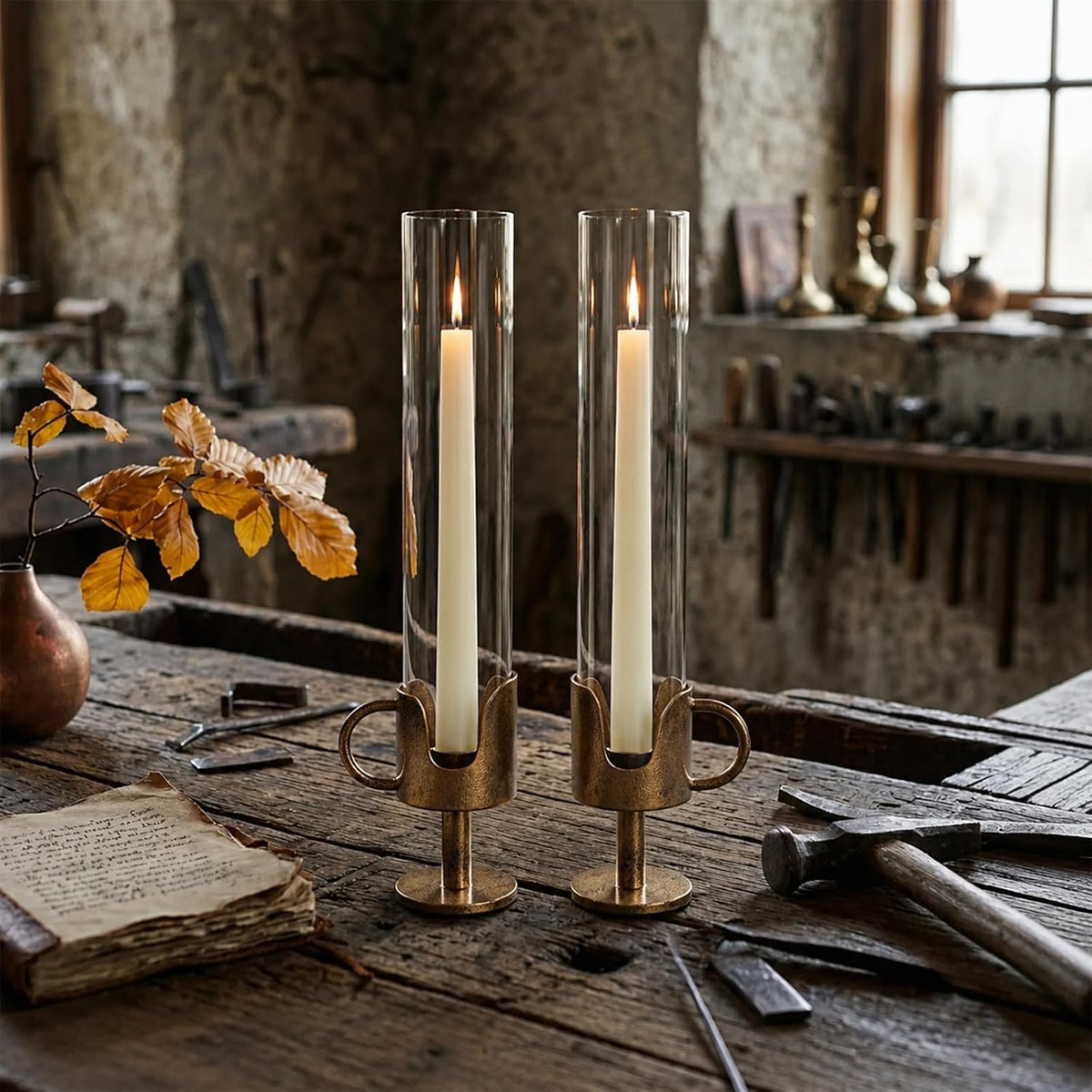 Vintage Cast Iron Hurricane Glass Candle Holder for Taper Candles Set of 2
