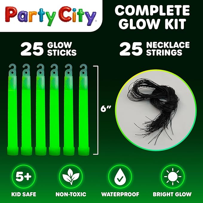 Party City Green Glow Sticks Bulk Pack 6”- 25pk Glow in the Dark Sticks for Kids, Waterproof Camping Survival Ultra Bright Emergency Light Stick with String, Neon Glowsticks Party Supplies Favors