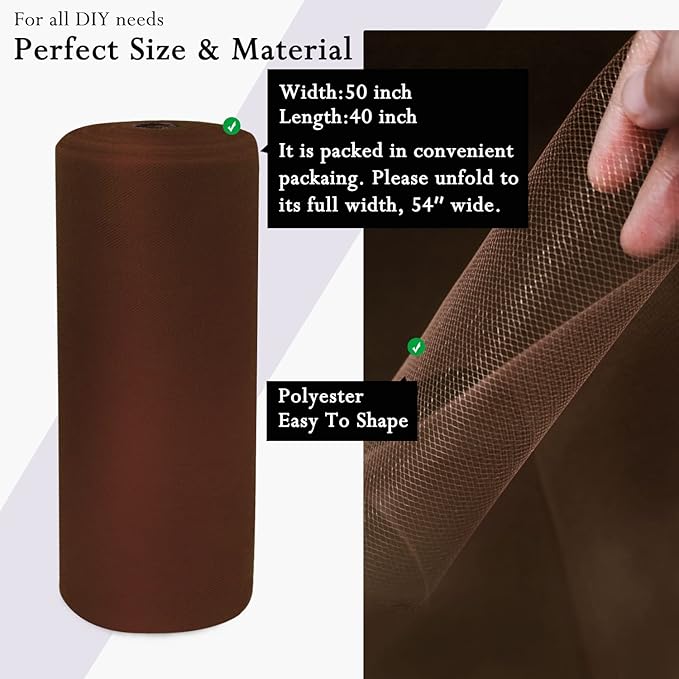 Brown Tulle Fabric Rolls 54 Inch by 40 Yards Tulle Bolt Spool for Wedding Decorations DIY Tutu Baby Shower Table Skirt Ceiling Decor Birthday Party Craft Supplies