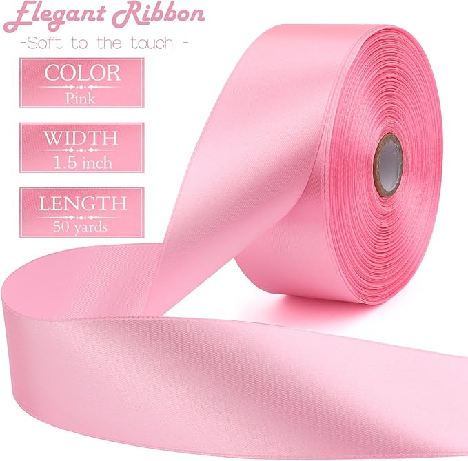 Pink Solid Satin Ribbon 1-1/2 Inch 50 Yards Solid Polyester Fabric Ribbon for Gift Wrapping Wedding Christmas Baby Shower Birthday Party Decoration Handmade Immortal Flower Craft