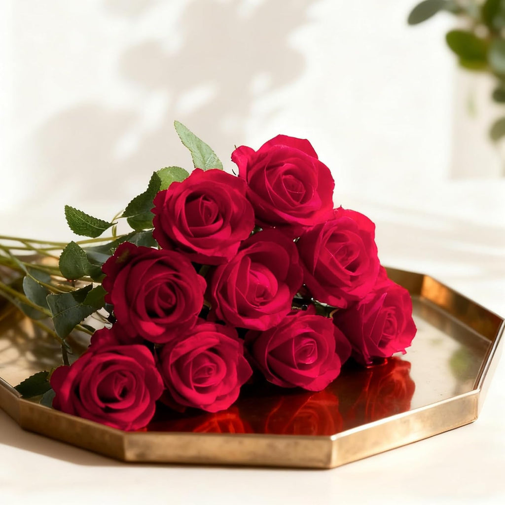 red fake roses artificial flowers bulk fake flowers shown in use